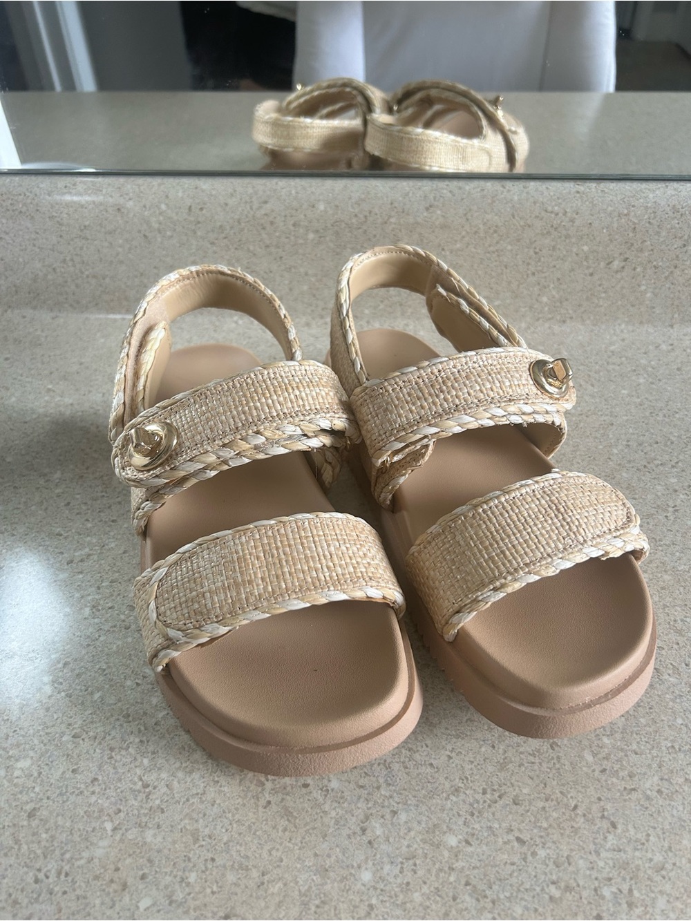a new day Beige Raffia Strap Sandals with Gold Accent